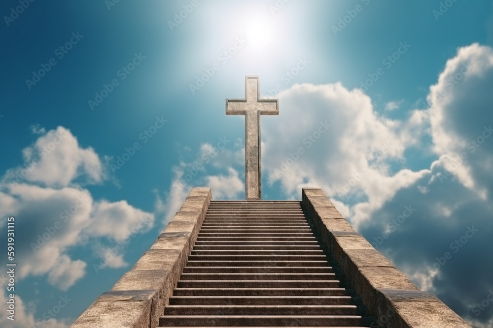 The gates of heaven, with a grand staircase leading up to an arch with a Christian cross and rays of light shining down from above.Ai generated The gates of heaven, with a grand staircase leading up to an arch with a Christian cross and rays of light shining down from above.Ai generated