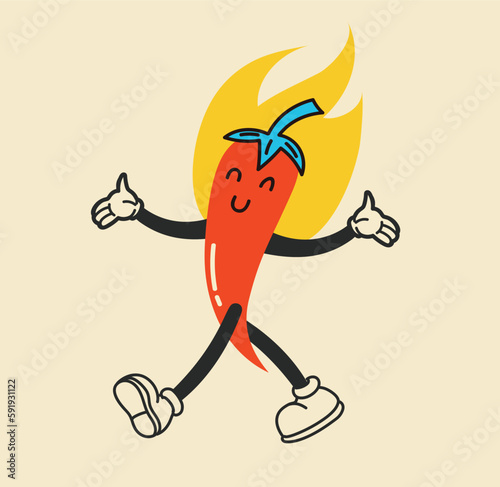 Extremely super hot retro red chilli paprika cartoon pepper smiling haracter surrounded by flames