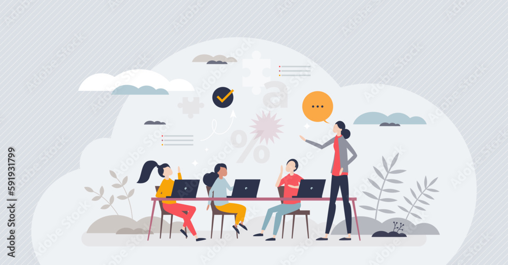 Personalized learning and adaptive education system tiny person concept. Knowledge training with focus on kids pace and ability to learn vector illustration. Individual experience at school lessons.