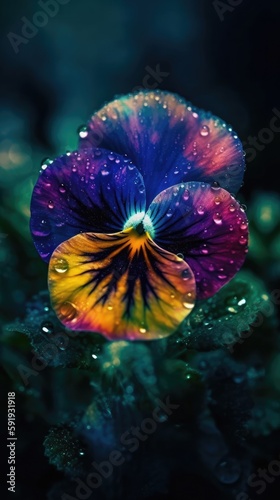 Pansy flower with waterdrops. Close up. Generative AI
