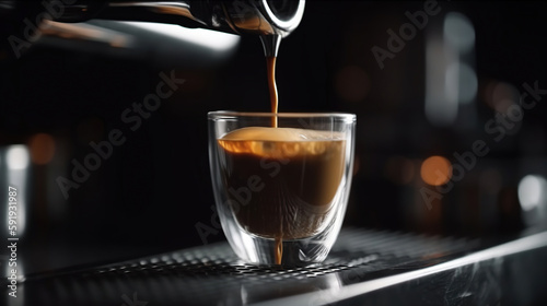 Espresso pouring from coffee machine, close up. Generative AI