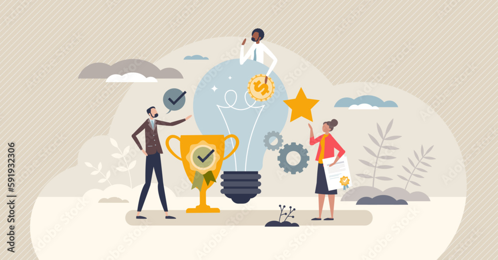 Employee recognition and rewards with motivation bonus tiny person concept. Reward after successful professional job or excellent results vector illustration. Prize money as work gratitude or respect