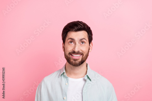 Portrait photo of young successful businessman wear smart casual stylish shirt smile look mockup poster isolated on pink color background