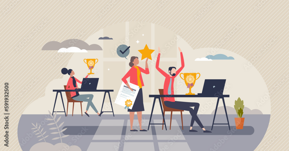Employee recognition or rewards as motivational challenge tiny person concept. Money bonus, respect and gratitude for best sales record on company vector illustration. Appreciation for job success.
