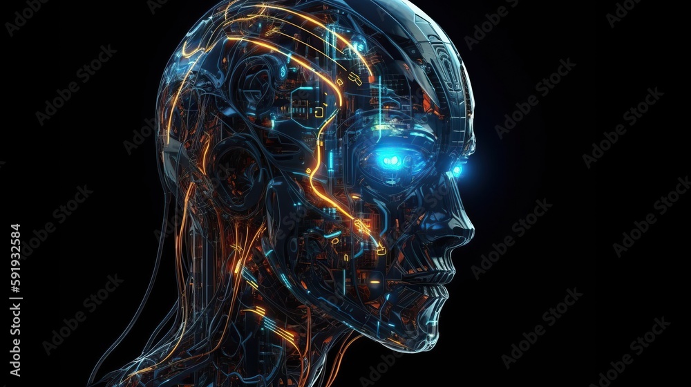 Cyborg with neon lines, futuristic robotic art. Generative AI Cyborg with neon lines, futuristic robotic art. Generative AI