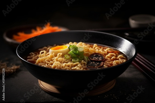 Delicious bowl of Japanese ramen soup in a black bowl, perfect for use in food blogs, restaurant menus, or any project related to Japanese cuisine and culture. Ai generated