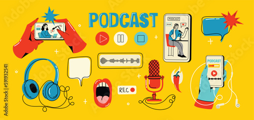 Podcast recording and listening, broadcasting, online radio, audio streaming service concept. Hand drawn vector isolated illustrations of headphones, microphone, laptop, equalizer, speech bubbles.