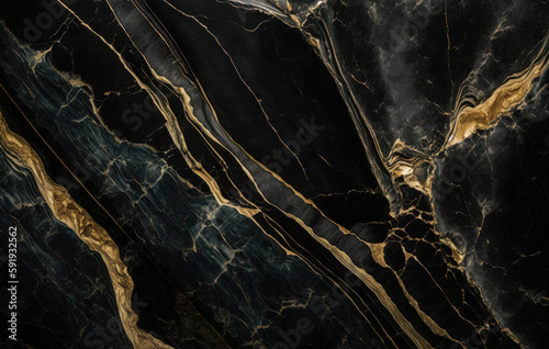 abstract black marble background with golden veins, japanese kintsugi technique, stone texture, marbled surface, digital marbling illustration, Generative AI