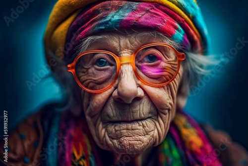 A close-up portrait of a funny face elderly woman, with glasses, dresses and hair colorfulled - ai generative