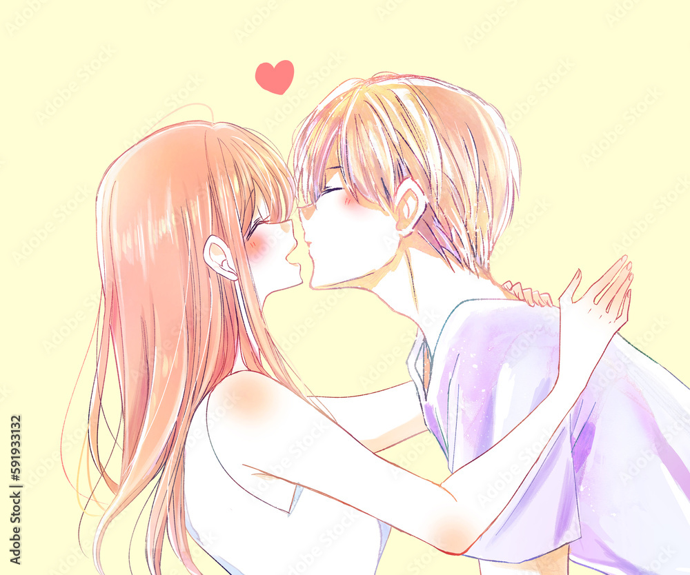 キスしようとする男性と笑顔の女性 夏 キスしようとする男性と笑顔の女性 夏
