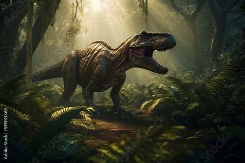 T-Rex dinosaur in the jungle  with its mouth open in a menacing growl  surrounded by lush vegetation and towering trees. The artwork is inspired by the Jurassic World concept. ai generated