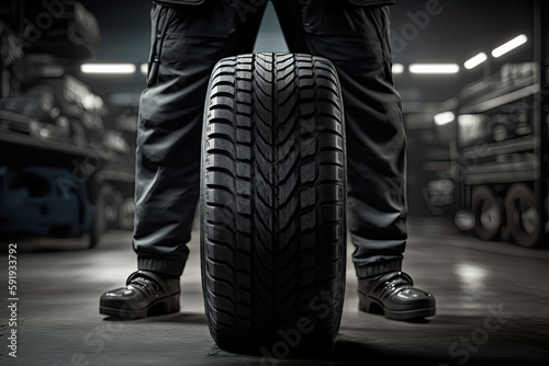 tire at repairing service garage background. Technician man replacing winter and summer tire for safety road trip. Transportation and automotive maintenance concept. Generative ai