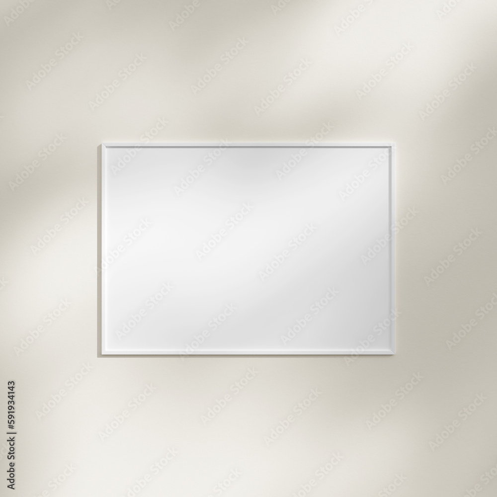 Frame hanging on a white wall mockup with leaf shadow Frame hanging on a white wall mockup with leaf shadow