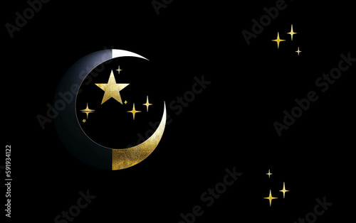 Ramadan gold crescent moon on dark background. Greeting card for Ramadan Kareem. Attractive design, symbolic shapes. Copy space, close-up.Generative Ai content.