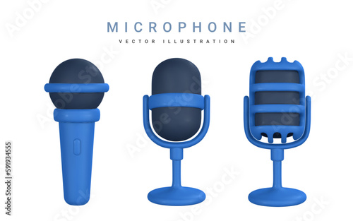 3d microphone for radio, music or karaoke. Audio equipment for broadcasts and interviews in cartoon style. Vector illustration © Oleh
