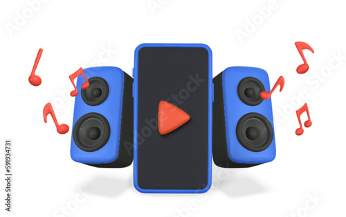 3d realistic smartphone and audio speaker with music notes in plastic cartoon style. Vector illustration