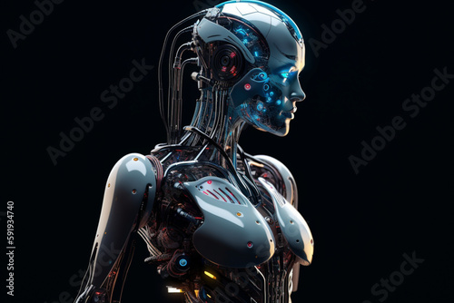 Robot girl isolated on black background. The concept of artificial intelligence, technology. Cyborg woman. Female android. Copy space. Scientific progress. ai generated
