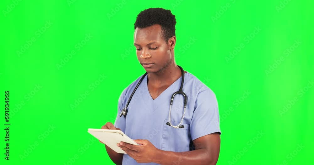 Black man, doctor and tablet on green screen, health and digital results and mockup on studio background. Male surgeon typing, tech and healthcare medicine, online or electronic hospital schedule Black man, doctor and tablet on green screen, health and digital results and mockup on studio background. Male surgeon typing, tech and healthcare medicine, online or electronic hospital schedule