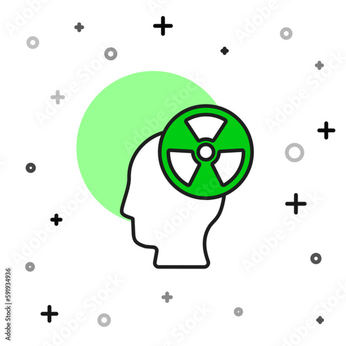 Filled outline Silhouette of a human head and a radiation symbol icon isolated on white background. Vector