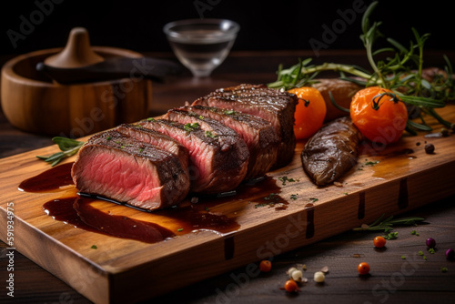 Medium rare steak on a wooden board, garnished with vegetables and rosemary. This illustration captures the deliciousness and indulgence of a perfectly cooked steak. Ai generated