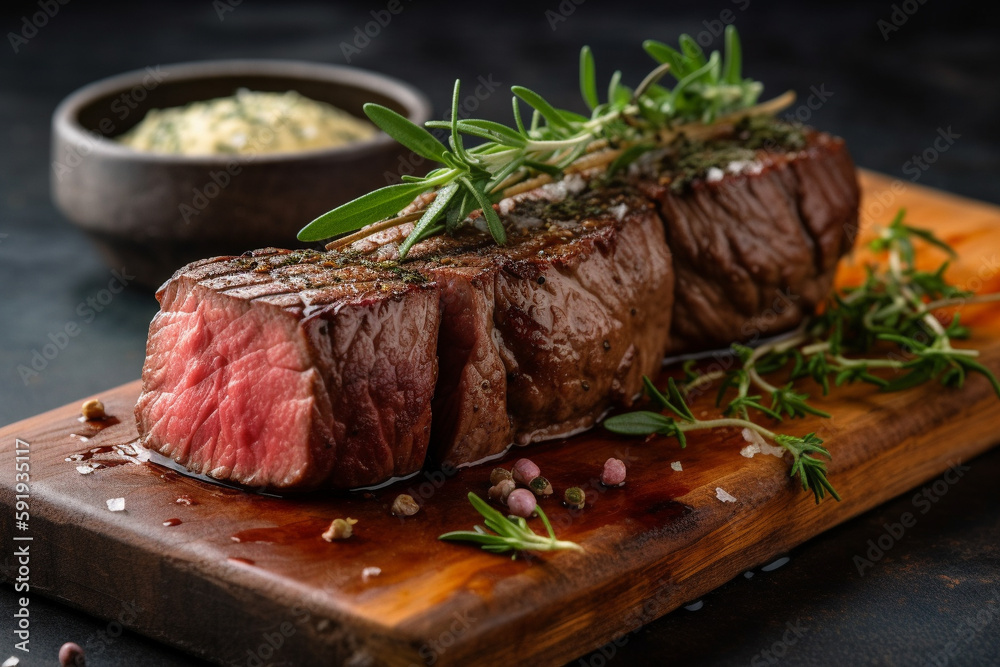 Medium rare steak on a wooden board, garnished with vegetables and rosemary. This illustration captures the deliciousness and indulgence of a perfectly cooked steak. Ai generated Medium rare steak on a wooden board, garnished with vegetables and rosemary. This illustration captures the deliciousness and indulgence of a perfectly cooked steak. Ai generated
