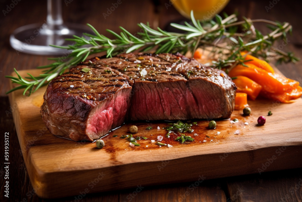 Medium rare steak on a wooden board, garnished with vegetables and rosemary. This illustration captures the deliciousness and indulgence of a perfectly cooked steak. Ai generated Medium rare steak on a wooden board, garnished with vegetables and rosemary. This illustration captures the deliciousness and indulgence of a perfectly cooked steak. Ai generated