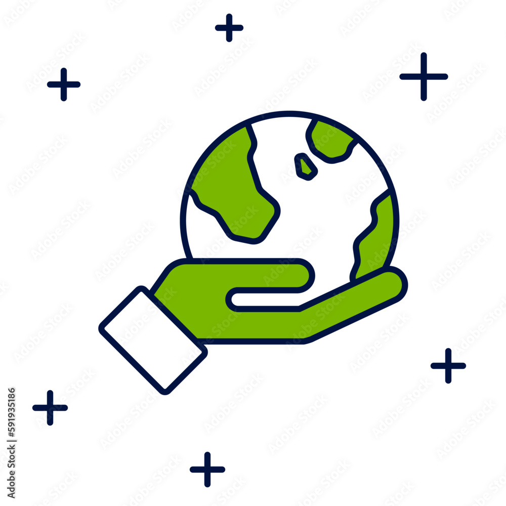 Obraz premium Filled outline Human hand holding Earth globe icon isolated on white background. Save earth concept. Vector
