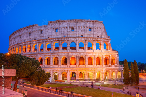 Colorful view of the Colosseum in the blue hour  Rome  Italy.