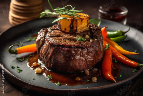 Medium rare steak on a wooden board, garnished with vegetables and rosemary. This illustration captures the deliciousness and indulgence of a perfectly cooked steak. Ai generated