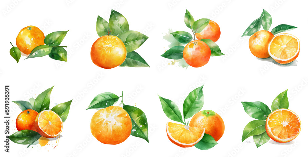 Watercolour oranges on white background, AI generated art. Watercolour oranges on white background, AI generated art.