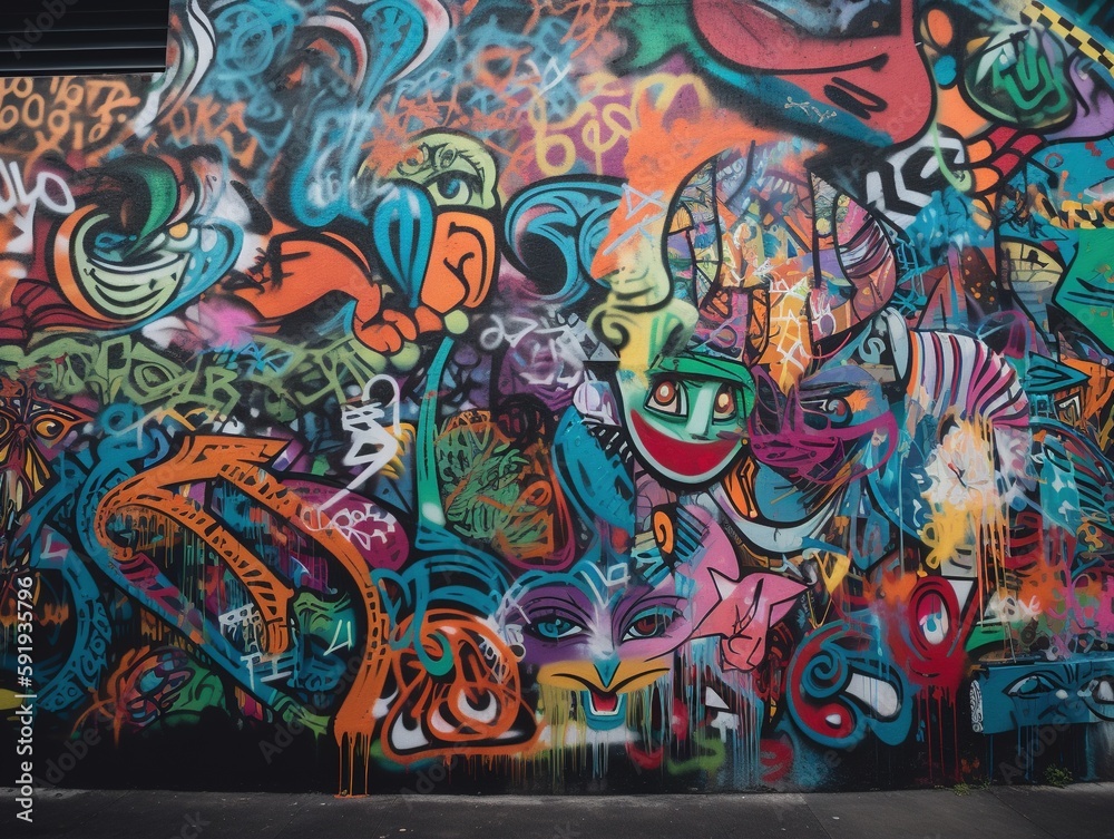 Abstrakte, bunte Graffiti-Struktur auf einer Wand mit dynamischen Linien und Formen, urbane Ästhetik, kreative Ausdrucksstärke, Generative AI 14