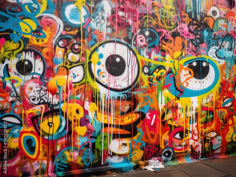 Abstrakte, bunte Graffiti-Struktur auf einer Wand mit dynamischen Linien und Formen, urbane Ästhetik, kreative Ausdrucksstärke, Generative AI 6