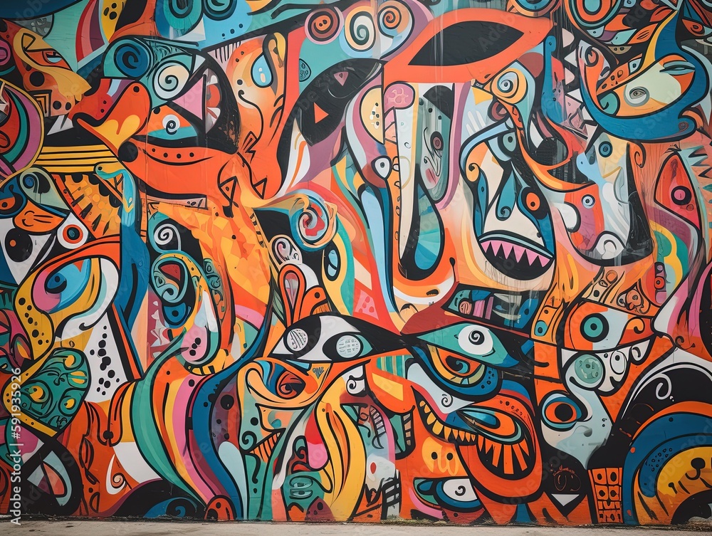 Abstrakte, bunte Graffiti-Struktur auf einer Wand mit dynamischen Linien und Formen, urbane Ästhetik, kreative Ausdrucksstärke, Generative AI 5