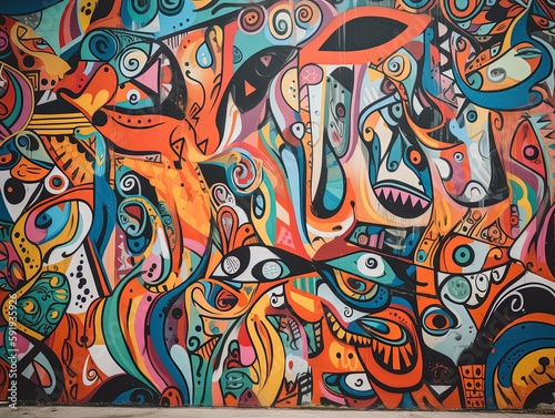 Abstrakte  bunte Graffiti-Struktur auf einer Wand mit dynamischen Linien und Formen  urbane   sthetik  kreative Ausdrucksst  rke  Generative AI 5