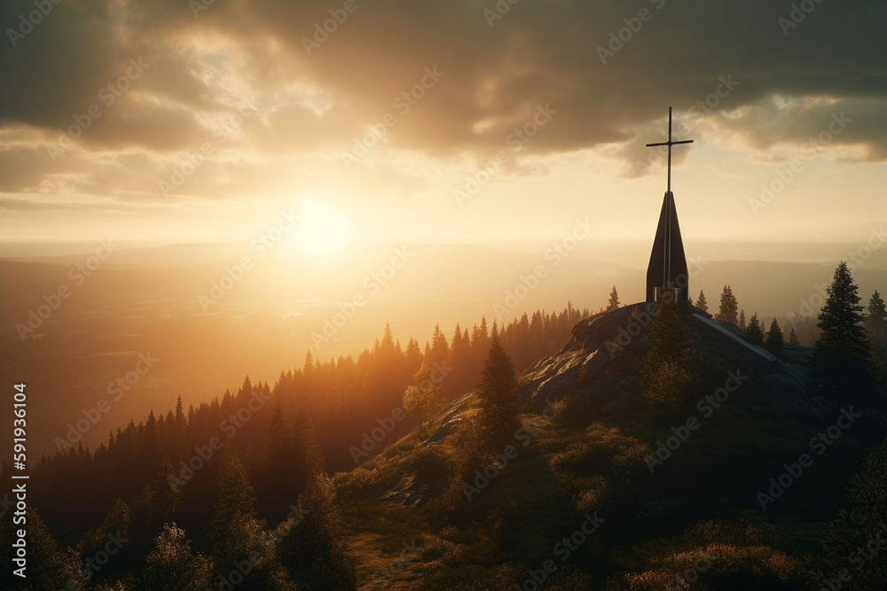 Obraz premium Beautiful Nordic church nestled in a serene and picturesque landscape at sunrise, with misty hills and mountains in the background, surrounded by trees, and with a river flowing nearby. Ai generated