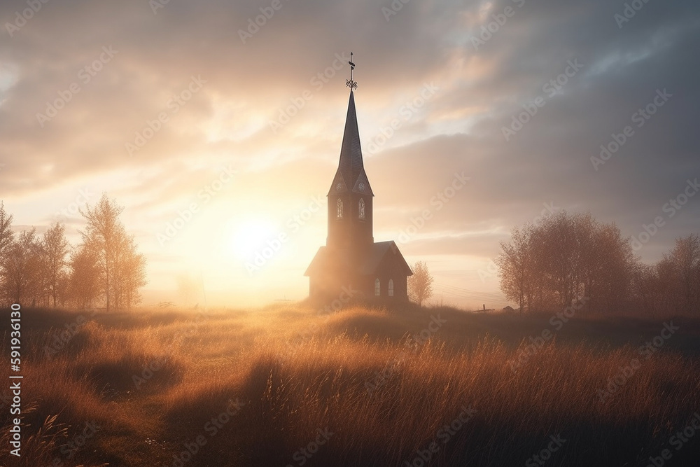 Beautiful Nordic church nestled in a serene and picturesque landscape at sunrise, with misty hills and mountains in the background, surrounded by trees, and with a river flowing nearby. Ai generated Beautiful Nordic church nestled in a serene and picturesque landscape at sunrise, with misty hills and mountains in the background, surrounded by trees, and with a river flowing nearby. Ai generated