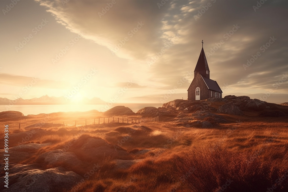 Obraz premium Beautiful Nordic church nestled in a serene and picturesque landscape at sunrise, with misty hills and mountains in the background, surrounded by trees, and with a river flowing nearby. Ai generated