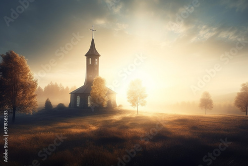 Beautiful Nordic church nestled in a serene and picturesque landscape at sunrise, with misty hills and mountains in the background, surrounded by trees, and with a river flowing nearby. Ai generated