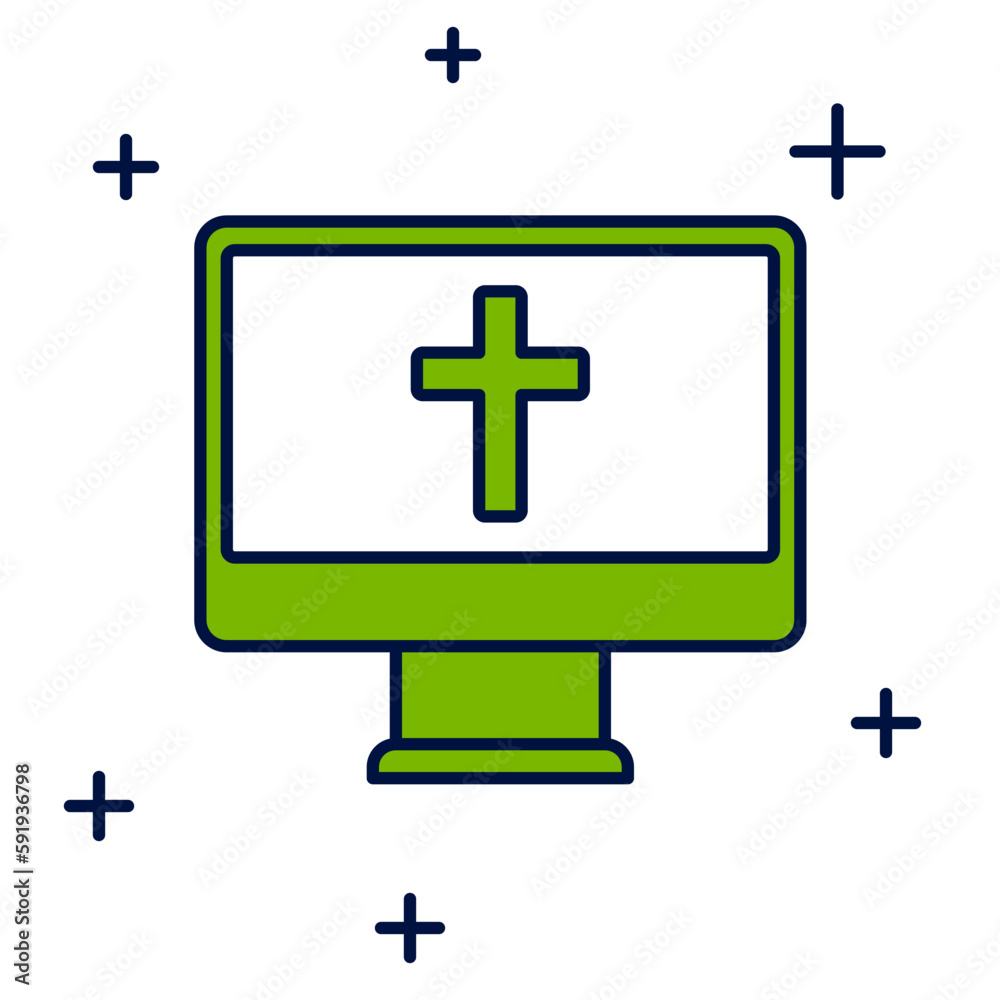 Obraz premium Filled outline Christian cross on monitor icon isolated on white background. Church cross. Vector