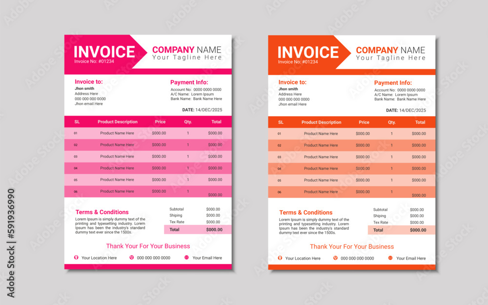 Invoice Excel Template design for personal, corporate or company billing purpose. Stock Vector