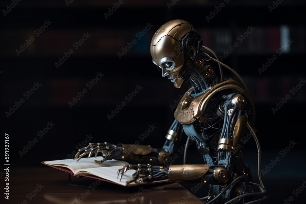 Humanoid robot cyborg reading a book and acquiring new data, representing the concept of artificial intelligence and its continuous development. Ai generated Humanoid robot cyborg reading a book and acquiring new data, representing the concept of artificial intelligence and its continuous development. Ai generated