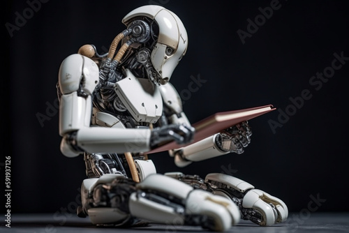 Humanoid robot cyborg reading a book and acquiring new data, representing the concept of artificial intelligence and its continuous development. Ai generated