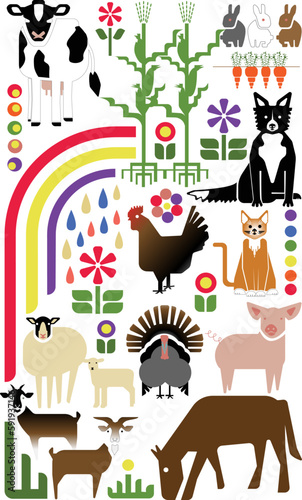 Noah's Farm Animals Icon Set, Vector Animals, Rainbow, Vegetables, Flowers, Raindrops and Graphic Shapes, Laid out as repeat, Graphic Elements, Overlay
