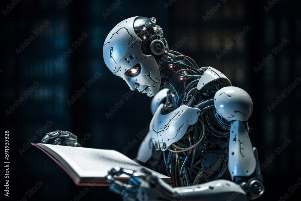 Fototapeta premium Humanoid robot cyborg reading a book and acquiring new data, representing the concept of artificial intelligence and its continuous development. Ai generated