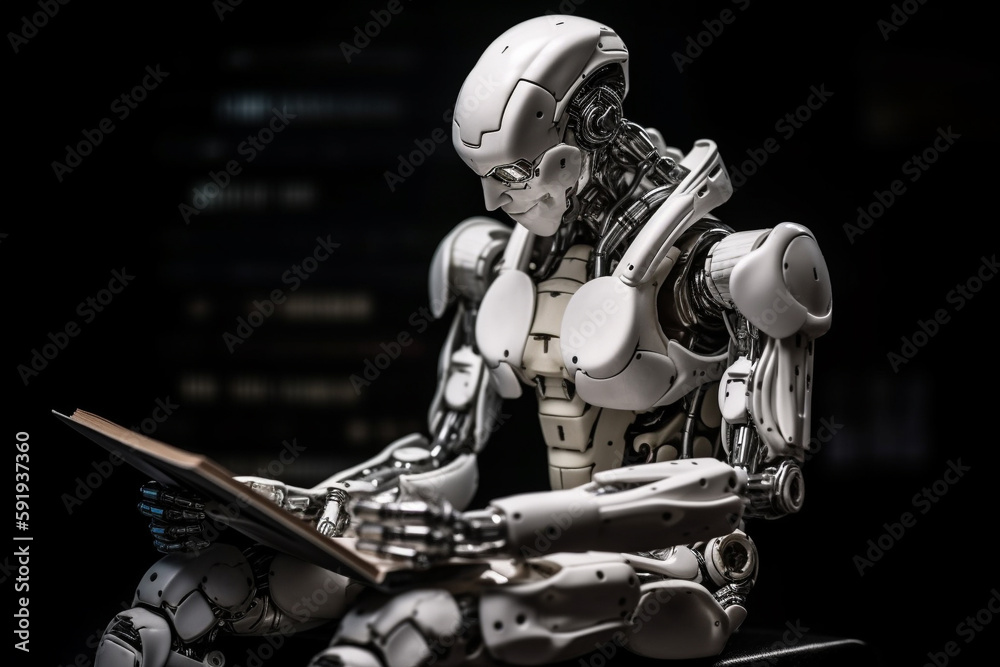 Fototapeta premium Humanoid robot cyborg reading a book and acquiring new data, representing the concept of artificial intelligence and its continuous development. Ai generated