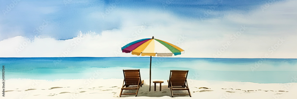 Beautiful beach banner. White sand, chairs and umbrella travel tourism wide panorama background concept. Amazing beach watercolor landscape watercolor painting