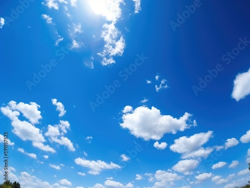 Blauer Himmel mit Wolken und Sonnenschein, friedliche Naturkulisse, entspannte Atmosphäre, malerischen Details, Generative AI 37