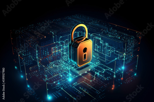 Security background design featuring orange and blue locker in a graphic design style, representing the concept of security and safety, big data storage, antivirus software, cloud data. Ai generated
