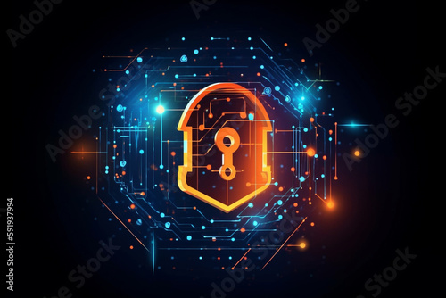 Security background design featuring orange and blue locker in a graphic design style, representing the concept of security and safety, big data storage, antivirus software, cloud data. Ai generated