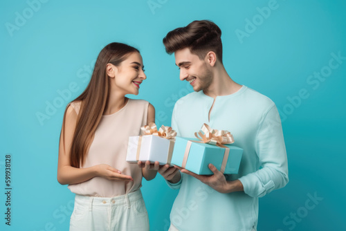 Romantic Gift Exchange: A couple exchanging heartfelt presents against a blue background, copy space, ai generative
